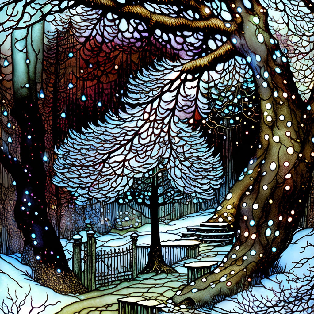 Snow-covered trees and glowing lights in nighttime forest scene