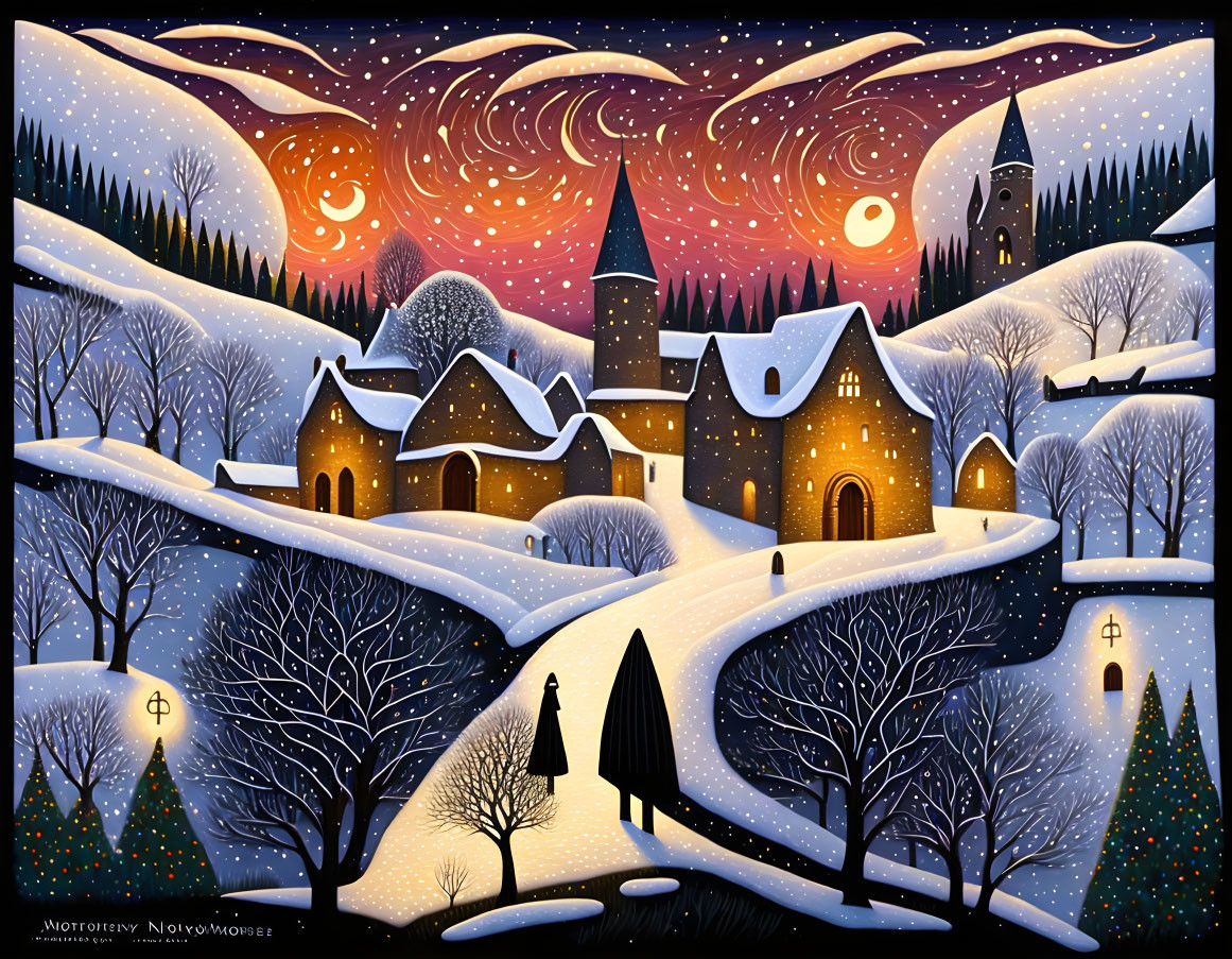 Winter Night Village Scene with Snow-Covered Houses, Church, Trees, and Starry Sky