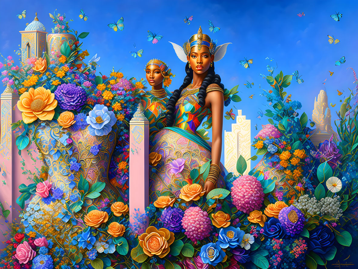 Ornately dressed women surrounded by vibrant flowers and butterflies