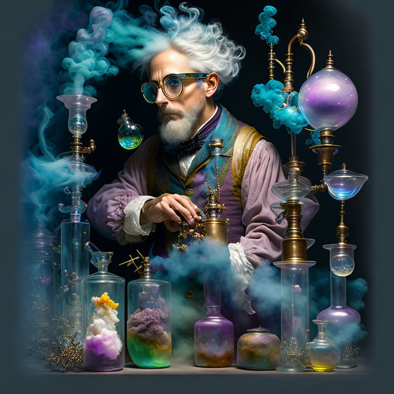 Alchemist with White Hair in Colorful Smoke and Glassware