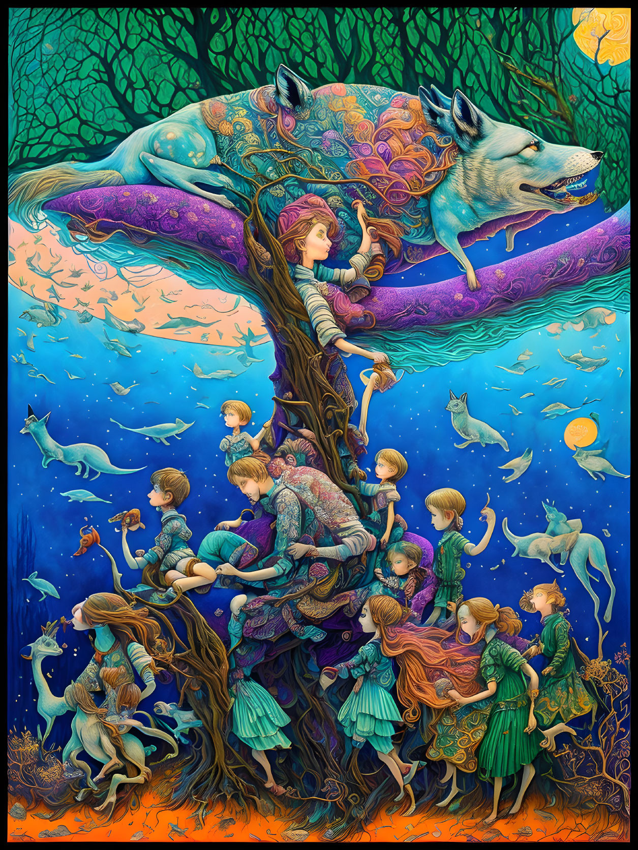 Vibrant surreal illustration: Giant wolf on tree with children & wolves