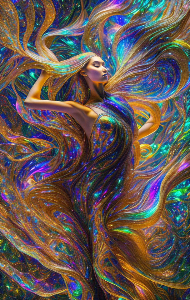 Woman with Flowing Hair in Vibrant, Iridescent Background