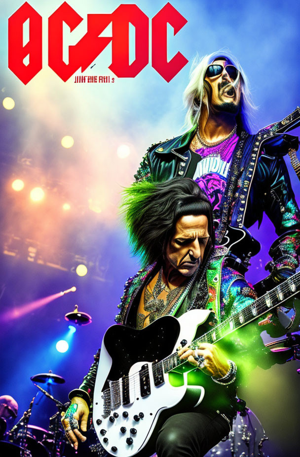 Colorful poster featuring animated rock musicians performing live.