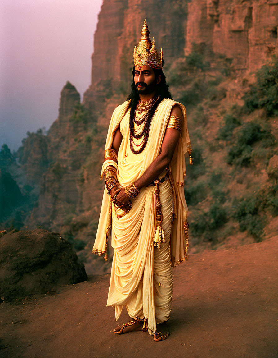 Traditional Indian attire and jewelry on a royal character against misty cliff backdrop