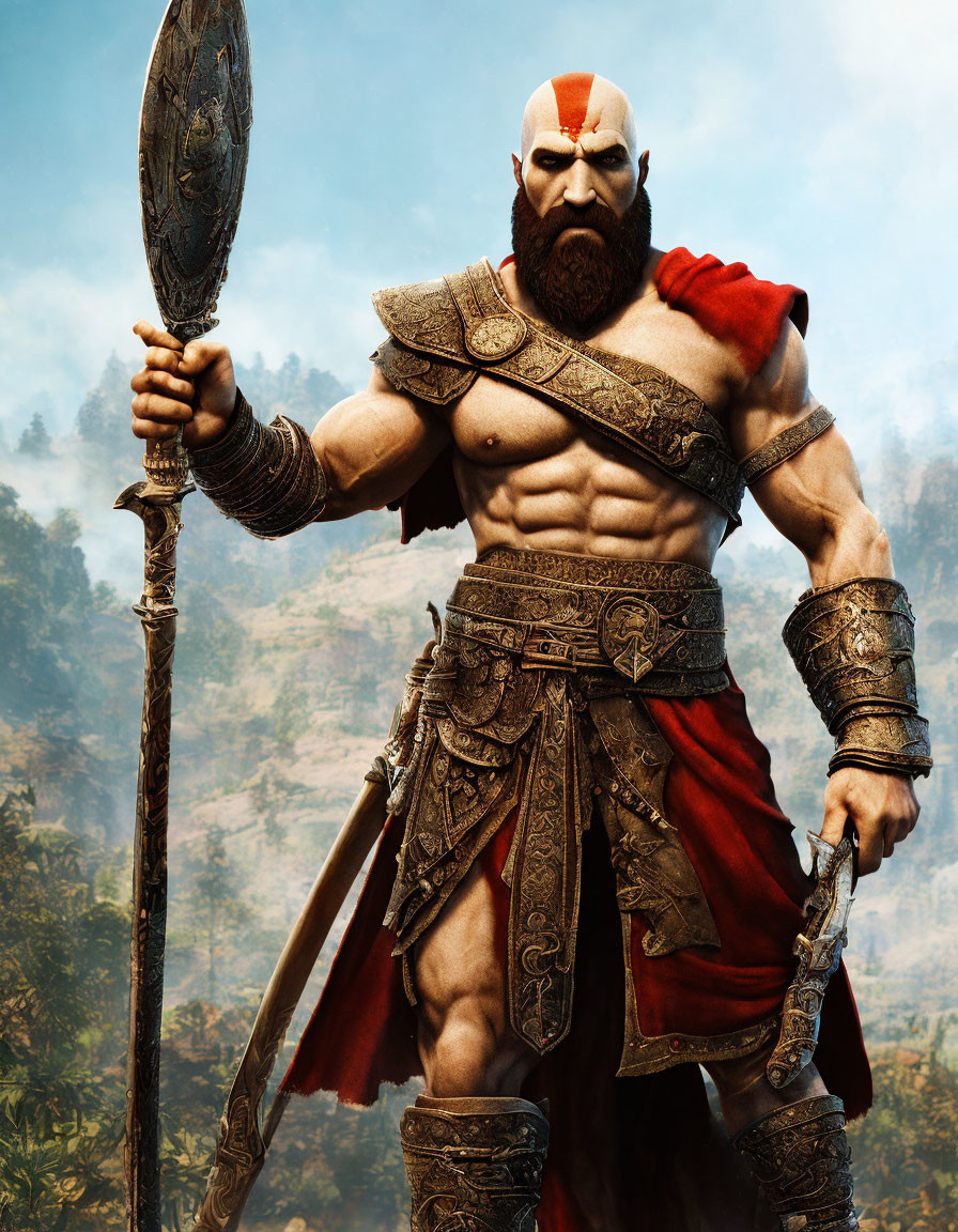 Muscular bearded character in red cape wields spear in intricate armor against forest backdrop