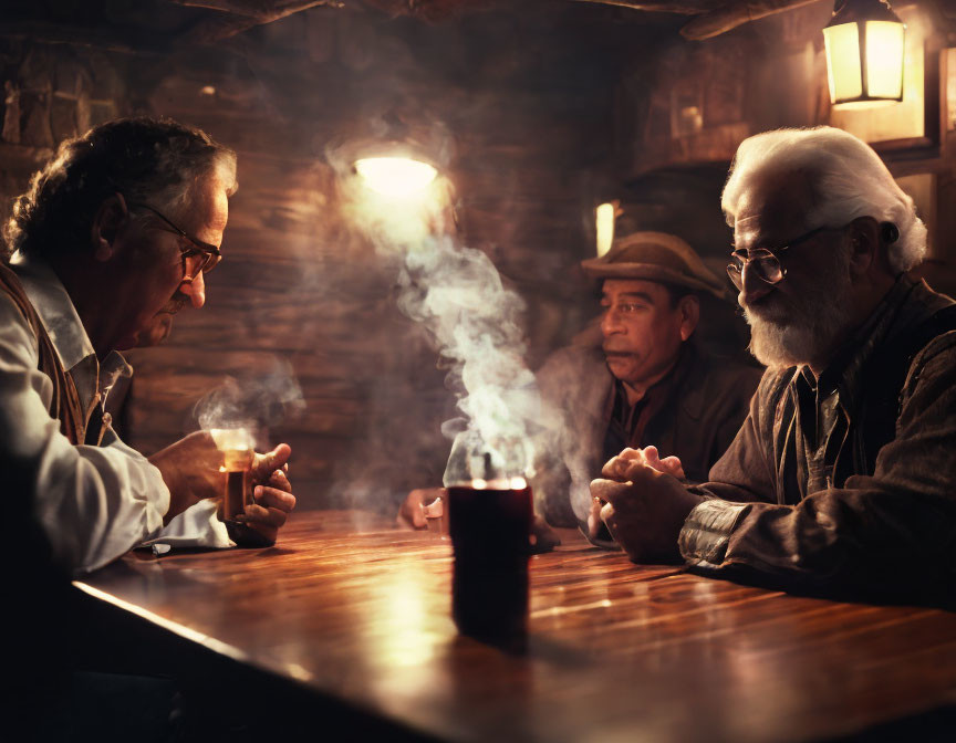 Men in serious conversation at dimly lit wooden table with smoking man and steaming beverages.