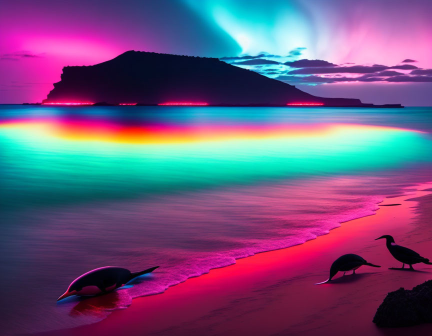 Vibrant neon-lit beach at dusk with penguins silhouettes and illuminated island backdrop.