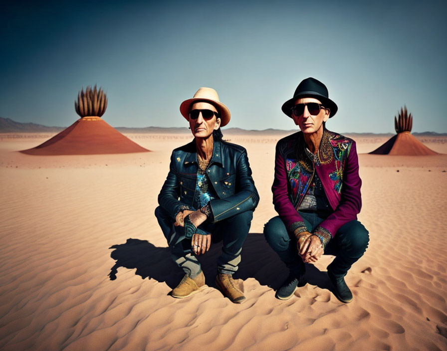 Men in hats and sunglasses posing confidently in desert with large decorative structures