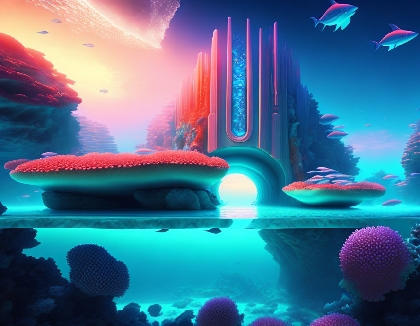 Colorful Underwater Scene with Coral Formations and Neon-Lit Building