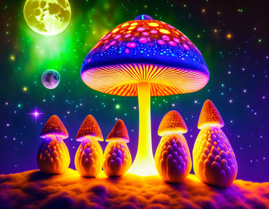 Colorful Digital Artwork: Luminescent Mushrooms in Cosmic Space