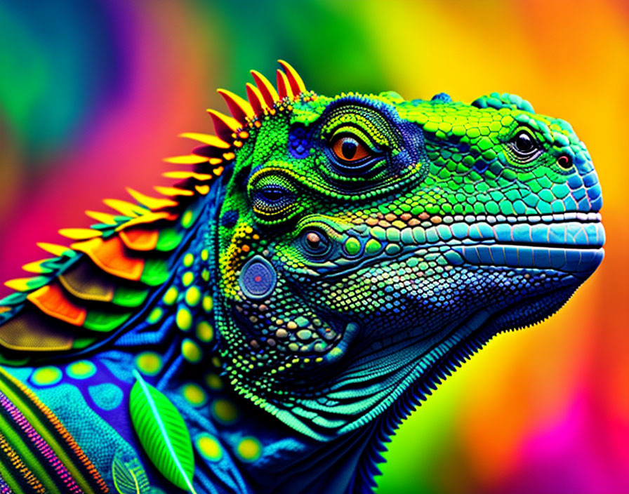 Colorful digital art: Iguana in psychedelic hues on rainbow backdrop