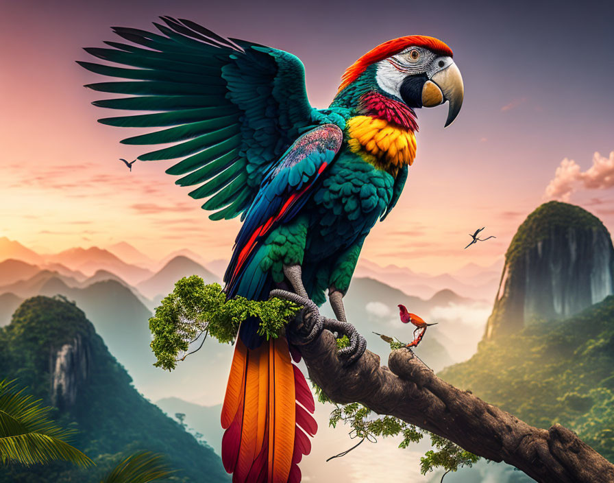 Colorful Macaw Perched on Branch with Tropical Sunrise