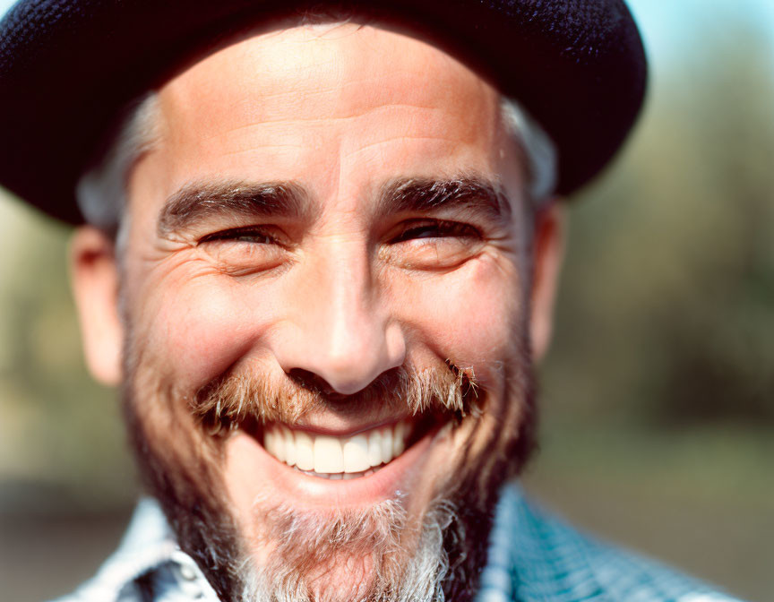 Smiling man with beard and hat outdoors in close-up shot