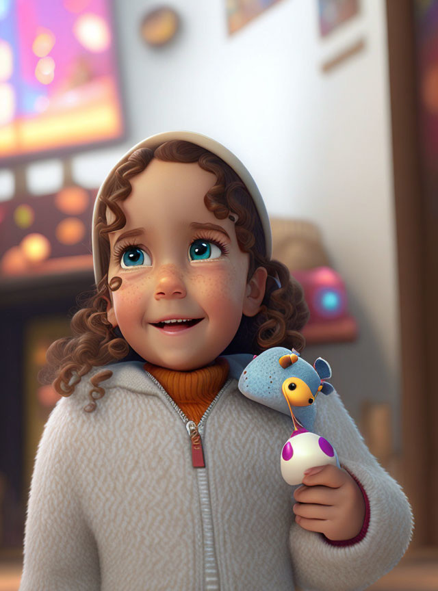 3D animated young girl with curly brown hair and freckles holding bird toy