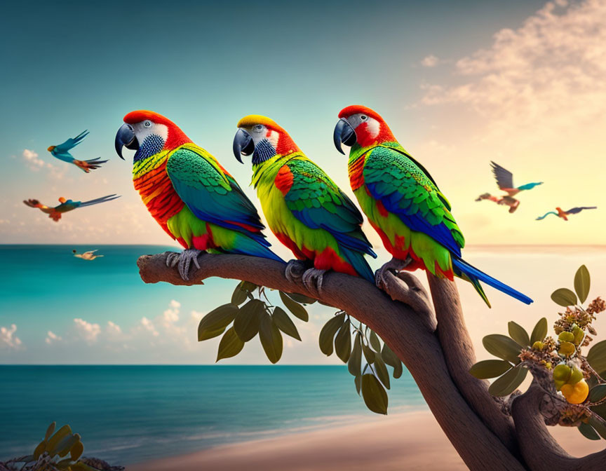 Colorful Macaws Perched on Branch with Ocean Background