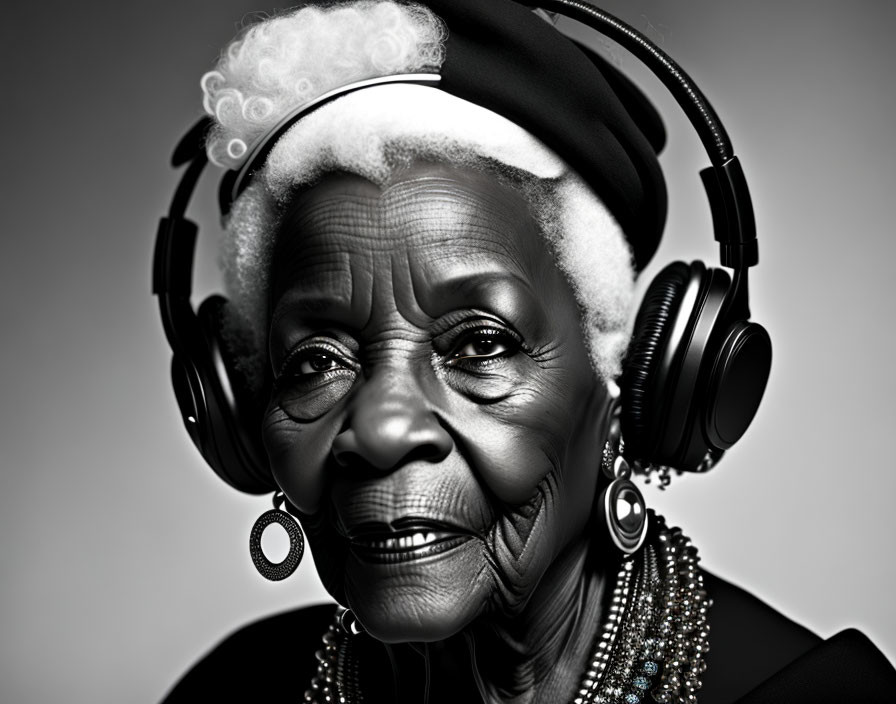 Elderly woman with white hair wearing headphones and jewelry smiles on gray background