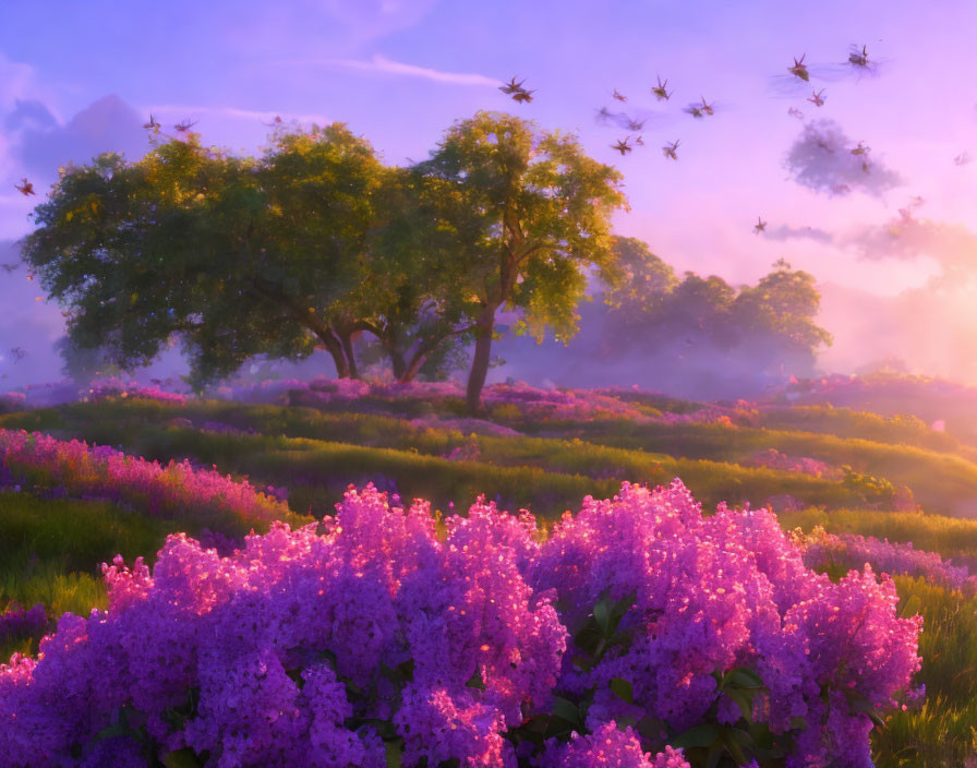 Tranquil meadow with violet flowers, sunlit trees, misty atmosphere, and dragonflies