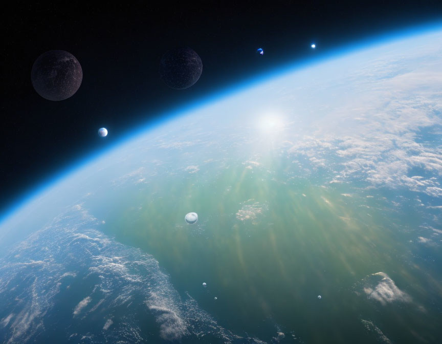 Composite image of Earth's horizon with moons and planets against a starry background