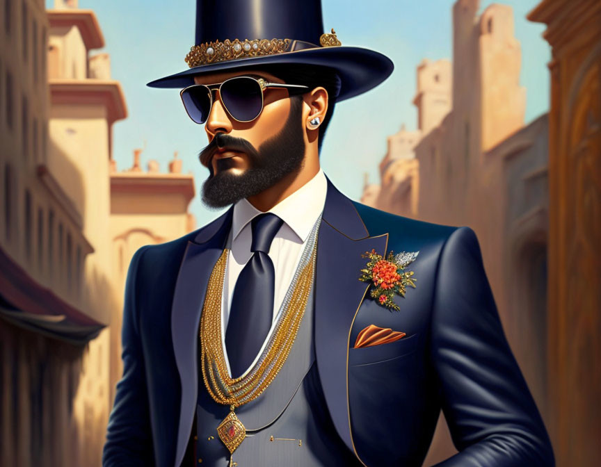 Illustrated man with beard in top hat, sunglasses, suit with gold chains and floral boutonni