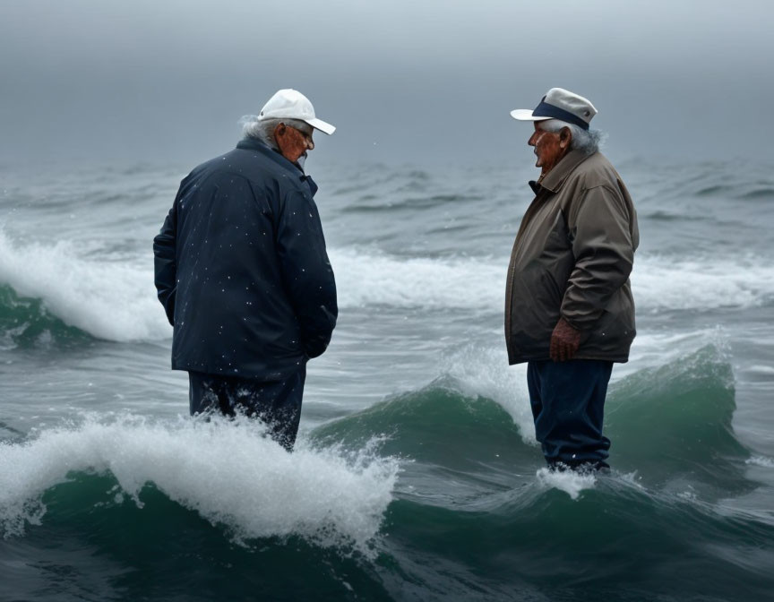 Elderly couple in jackets and hats chatting in ocean waves