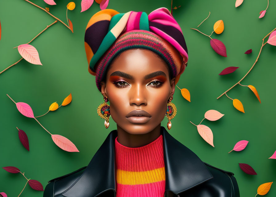 Colorful headwrap woman with striking makeup on green background and scattered leaves.