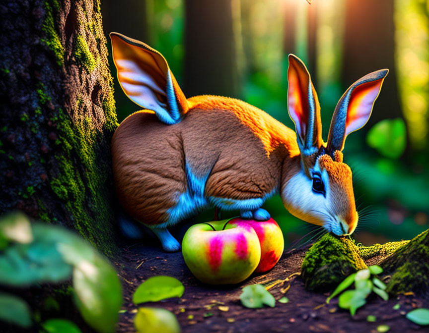 Rabbit-bodied creature with butterfly wings and apples in enchanted forest