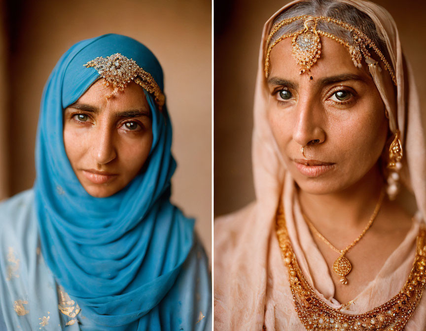 Portraits of women in South Asian traditional attire and jewelry