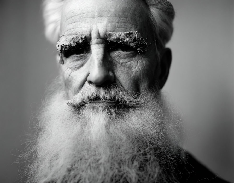 Elderly man with white beard and styled eyebrows in calm gaze