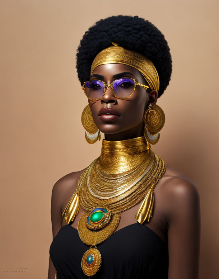 Stylish individual with afro and golden accessories