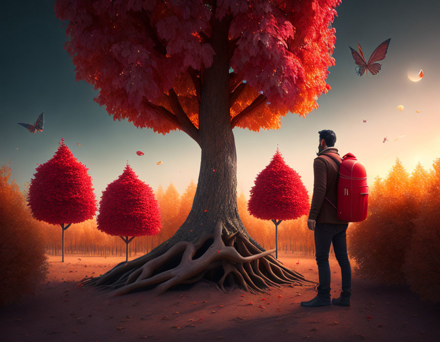 Person with red backpack under vibrant red tree surrounded by butterflies in dreamy autumn landscape