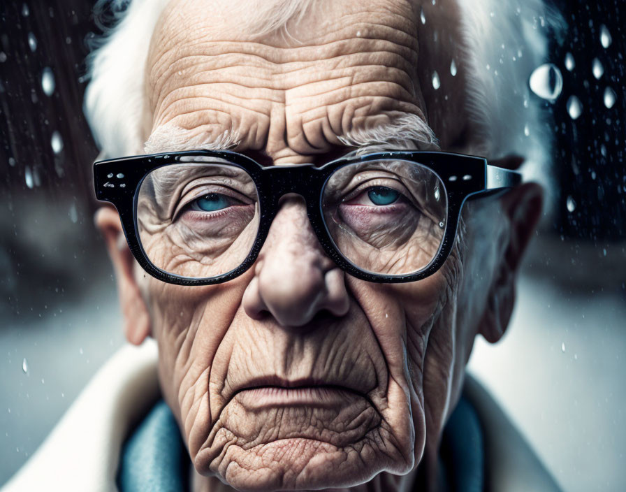 Elderly person in spectacles with serious expression, raindrops in background