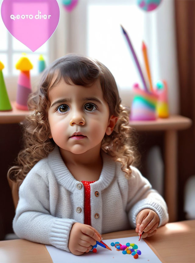 Curly-Haired Child at Table with Art Supplies and Colorful Decorations