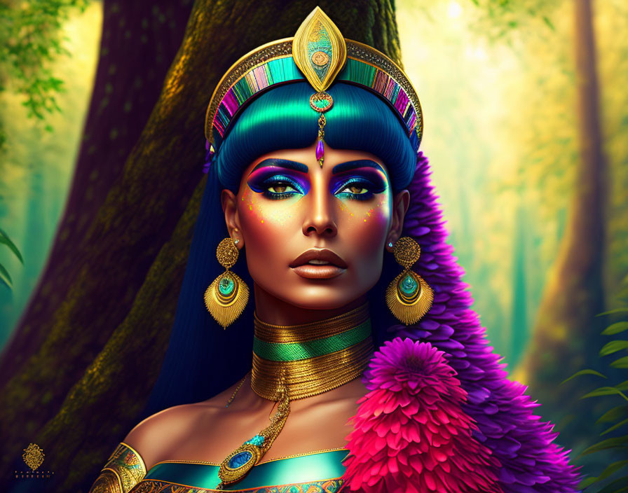 Egyptian-inspired woman in mystical forest backdrop