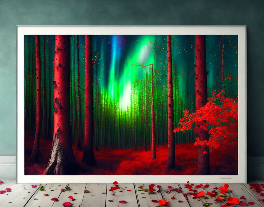 Forest with Red Foliage and Northern Lights in Framed Picture