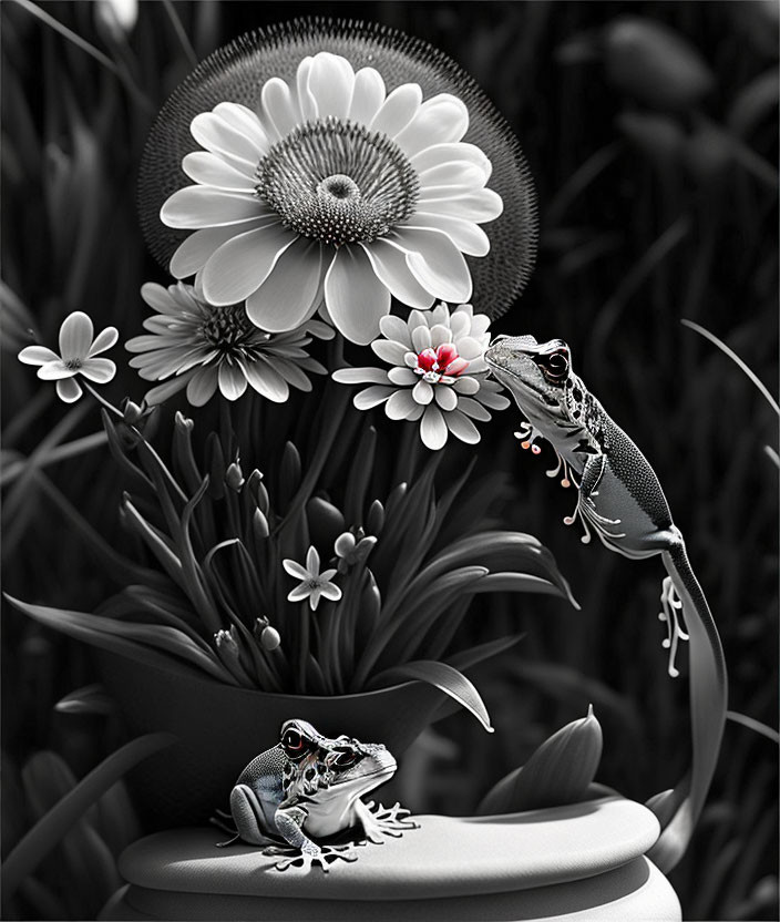 Monochromatic image: Two frogs on pedestal with flowers, one reaching for flower