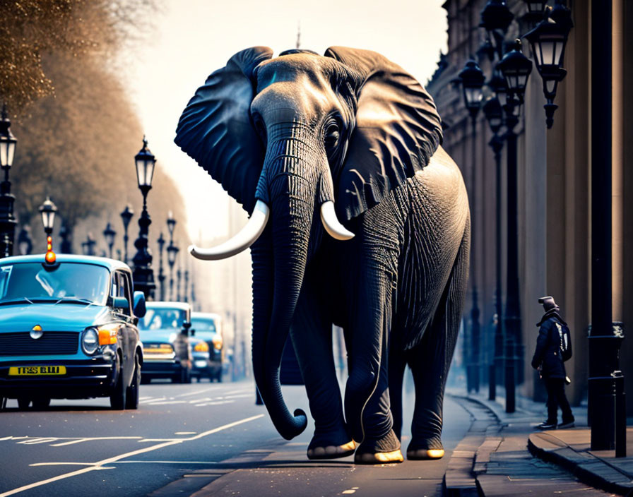 Elephant casting shadow in city street among cars and streetlights