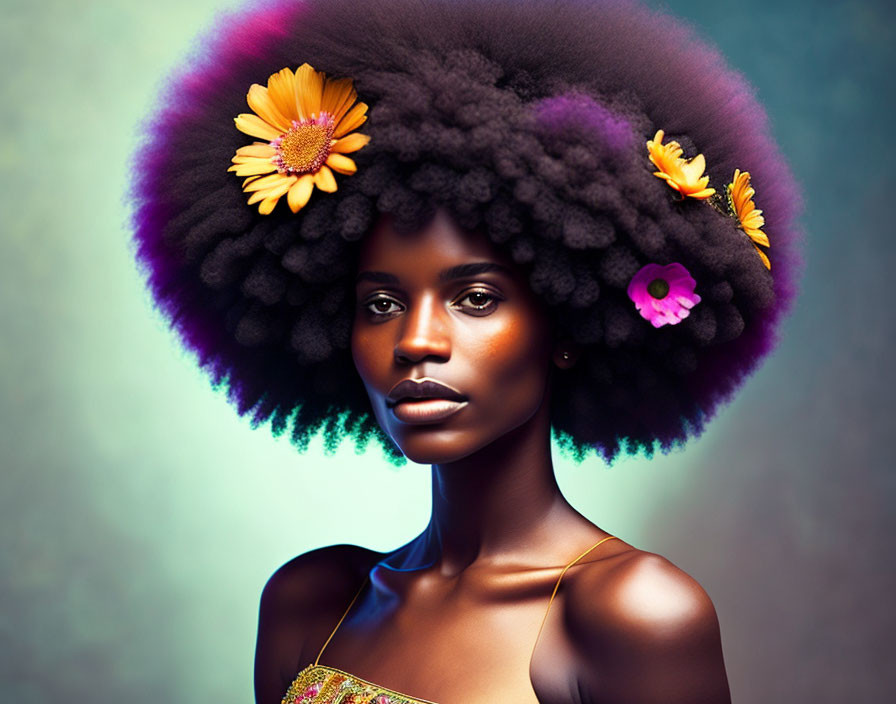 Vibrant flower-adorned afro on woman against colorful backdrop