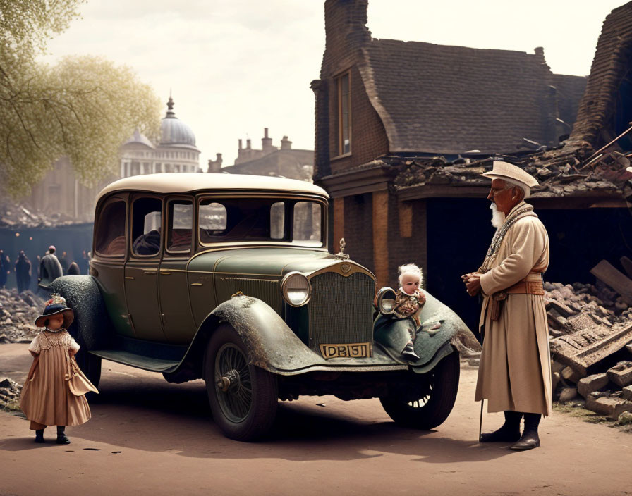 Vintage Green Car on Cobbled Street with Man and Children in Period Clothing