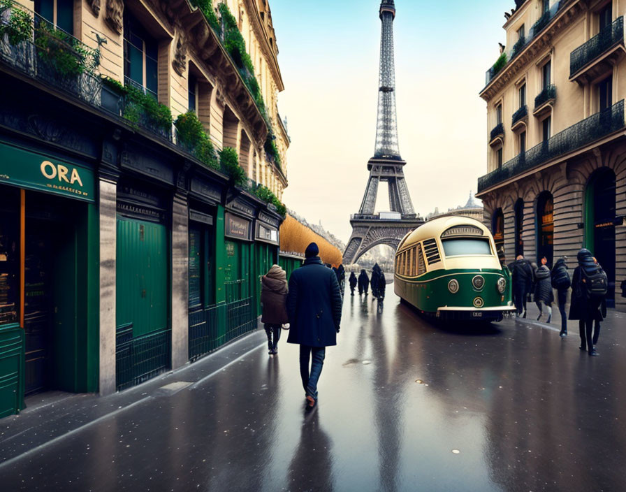 Paris street scene with vintage bus, pedestrians, closed shops, and Eiffel Tower.