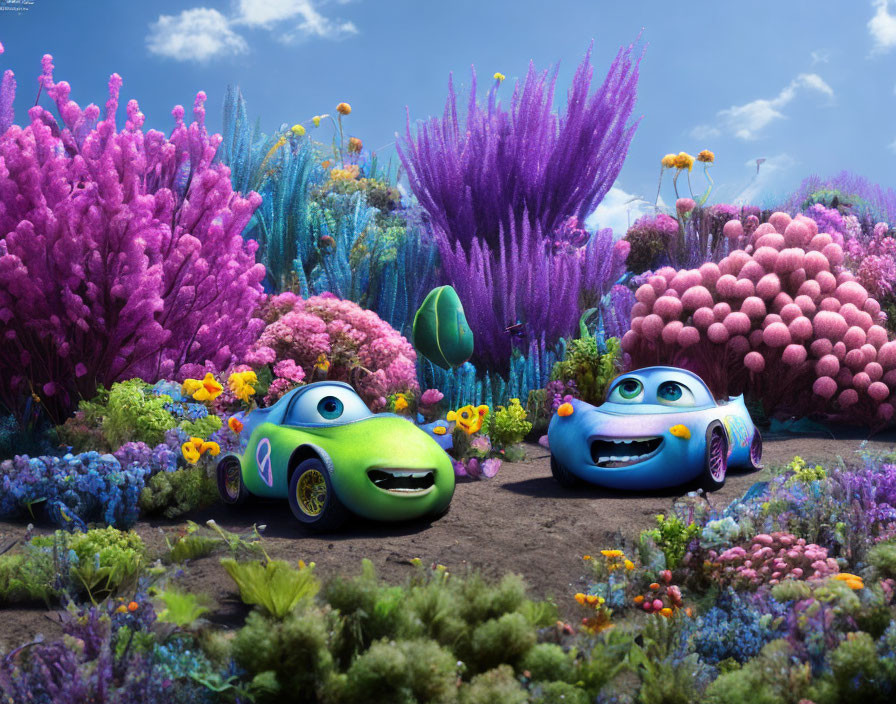 Vibrant animated cars with expressive eyes in colorful garden