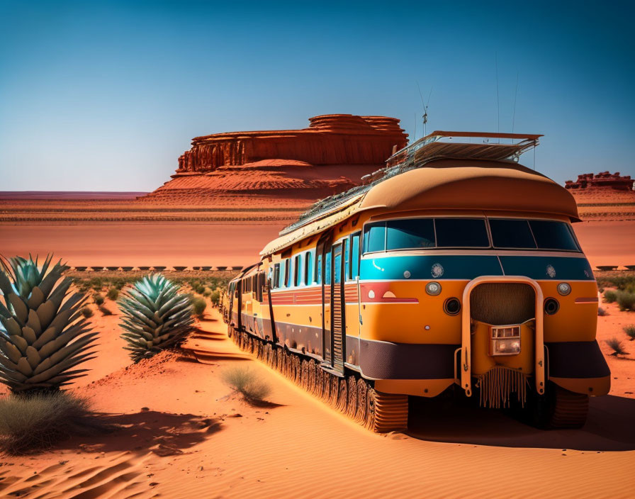 Vintage-style train in desert with red sand dunes and green plants