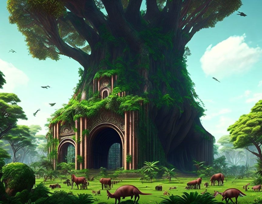 Majestic tree with grand arched doorway in lush greenery