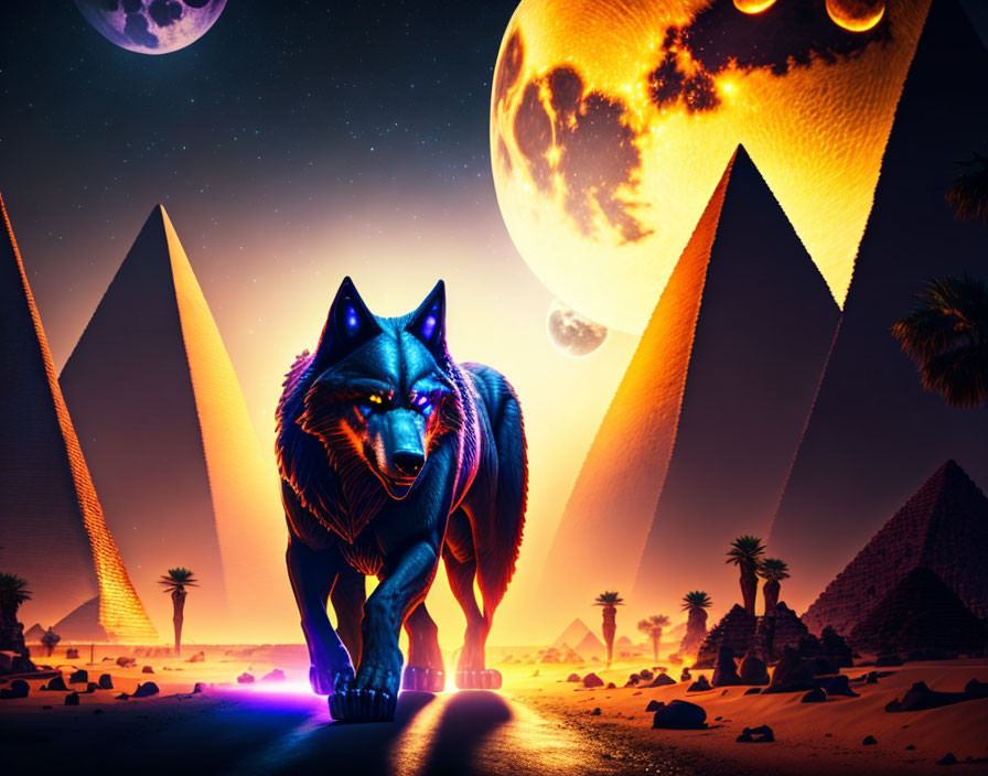 Blue wolf under moons by Egyptian pyramids at night