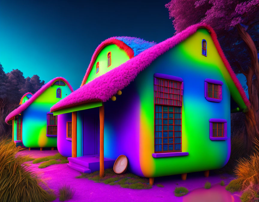 Colorful Cartoon-Style Houses in Mystical Forest Setting