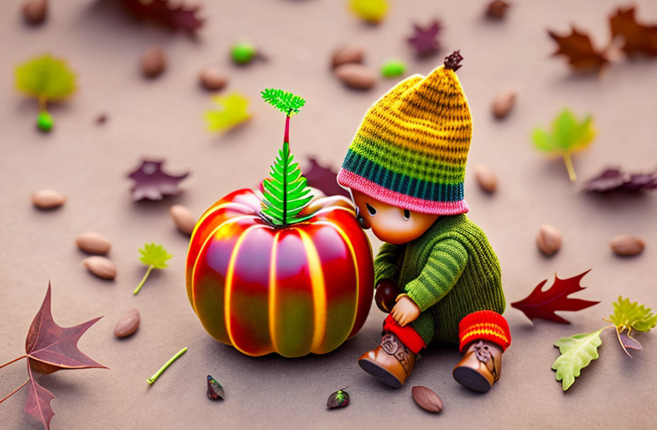 Toy Figure in Striped Hat Hugging Pumpkin Among Autumn Leaves