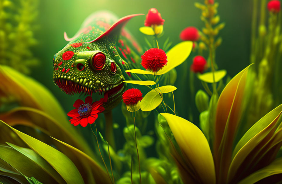 Colorful chameleon in lush greenery with red and yellow flowers.