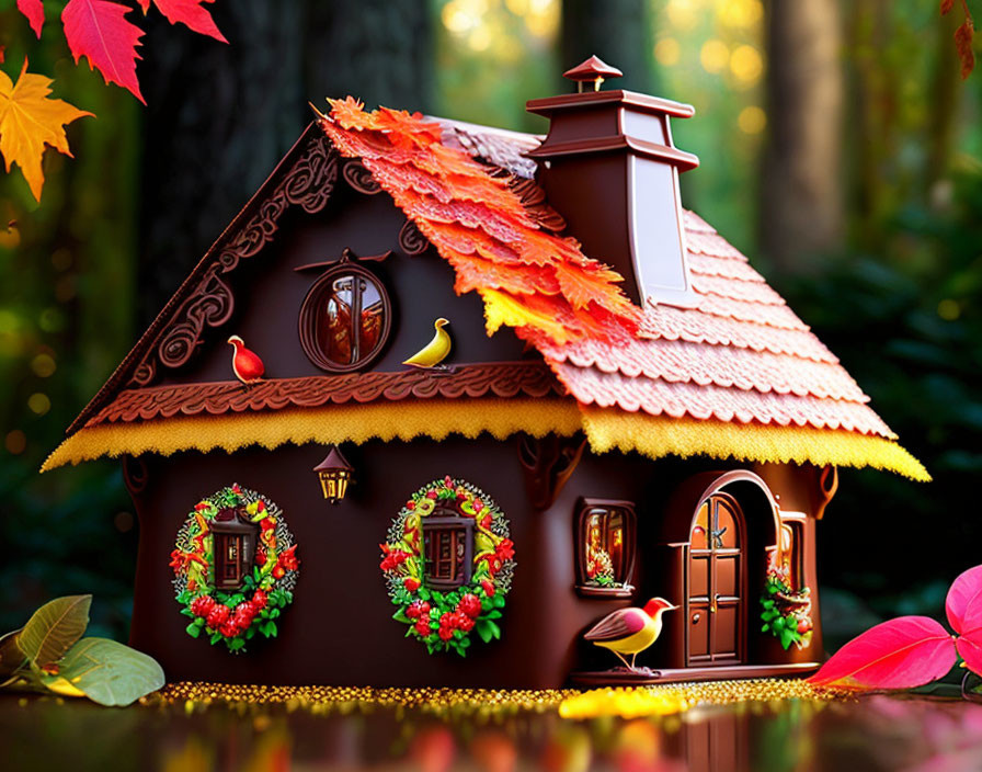 Miniature house with autumn leaves and birds in mystical forest.