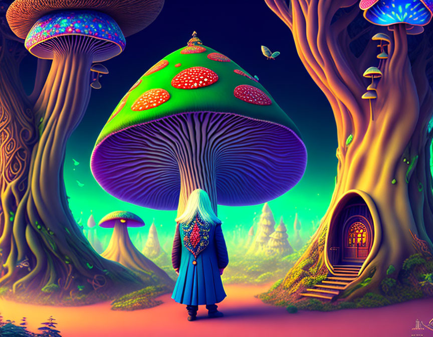 Person in Blue Cloak Stands by Giant Mushroom in Vibrant Fantasy Forest