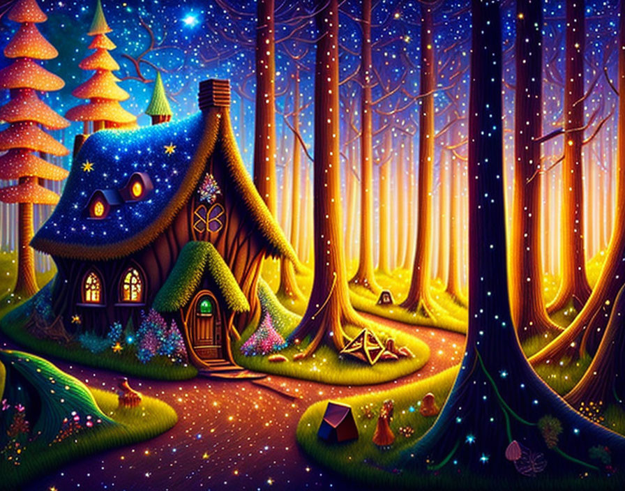 Enchanted forest with glowing trees and whimsical cottage