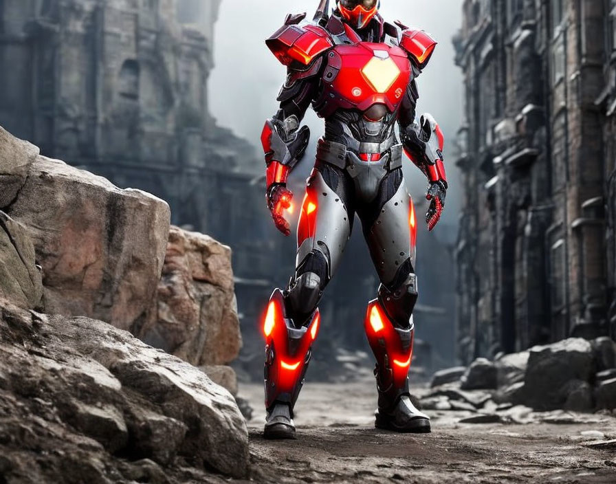 Futuristic suit-clad figure in ruins with red glowing accents.